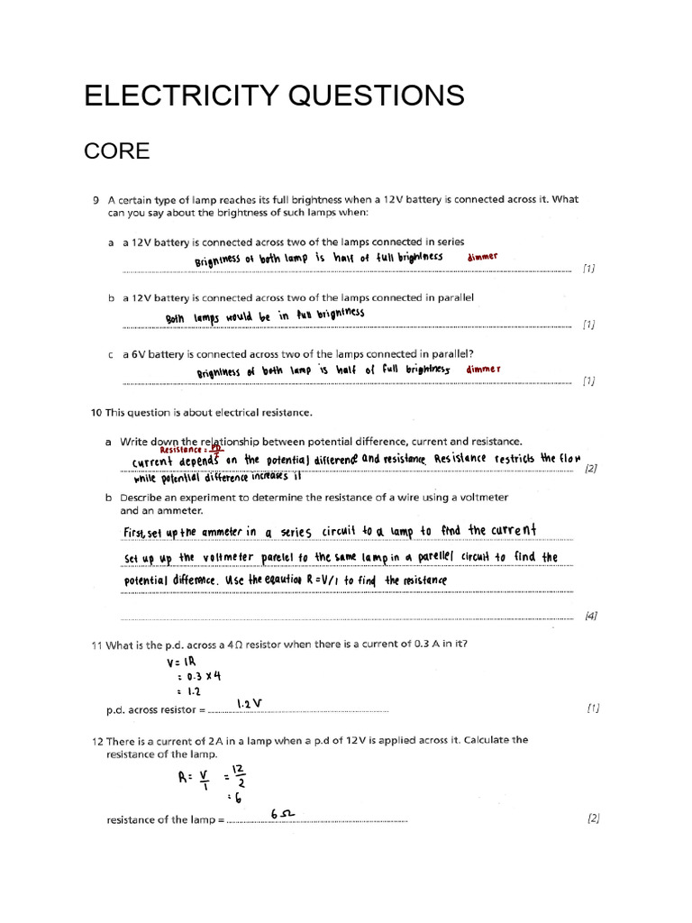 ELECTRICITY QUESTIONS (Core) PDF