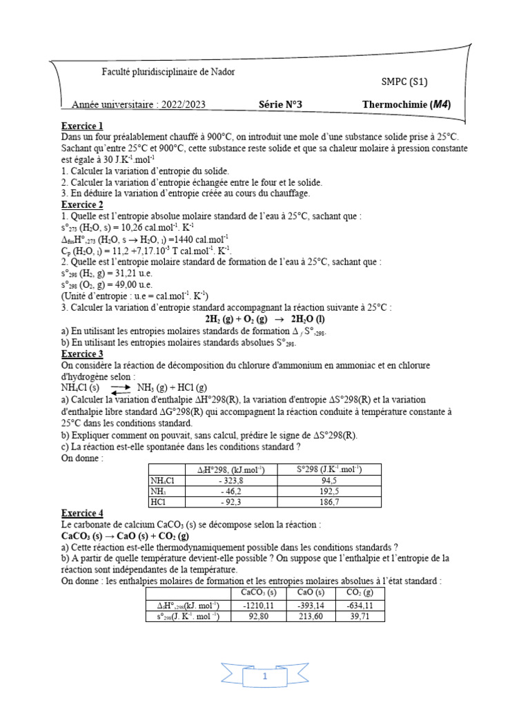 Résumé de Thermochimie S1 SMPC | PDF | Enthalpie libre | Entropie