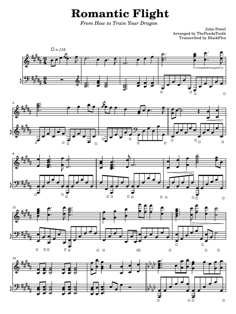 PDF image preview for a 'How To Train Your Dragon' 'Romantic Flight' piano cover titled 'ThePandaTooth'