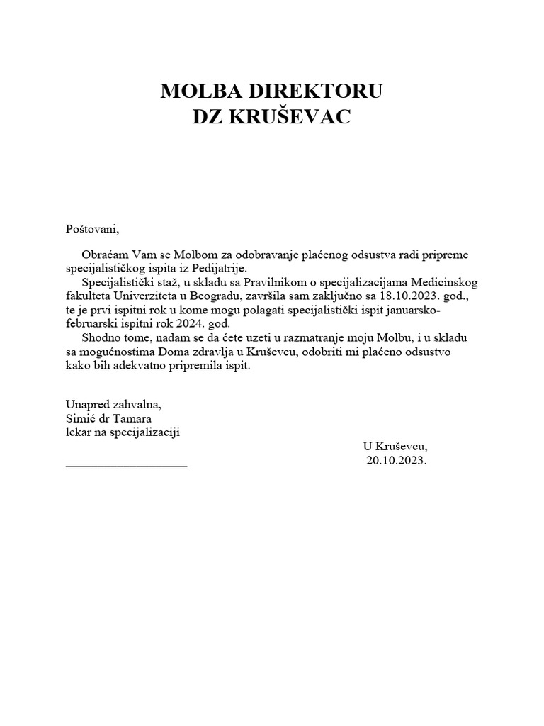 Molba Direktoru DZ Kruševac | PDF