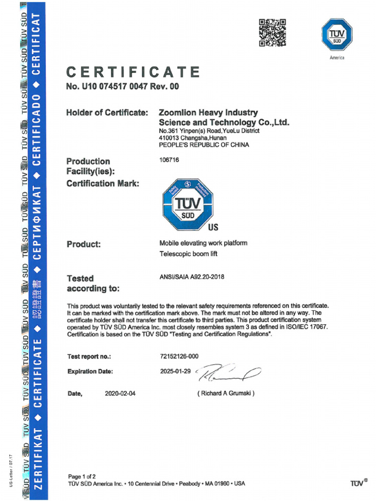 ZT20J - U10 ANSI A92.20 Certificate | PDF