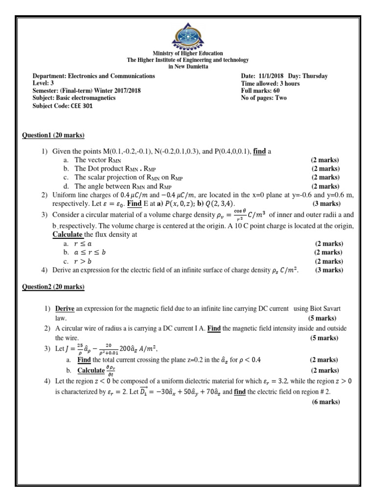 Final Basic Electromagetic - 2018 | PDF | Electric Field | Theoretical ...