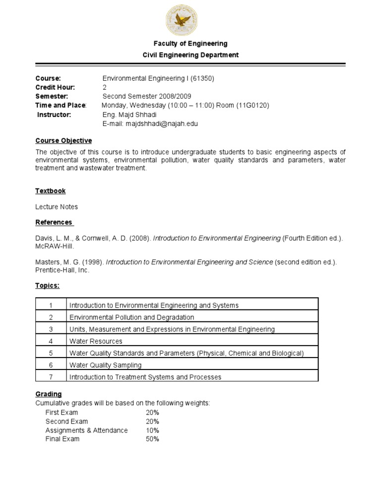 Environmental Engineering Course Outline | PDF