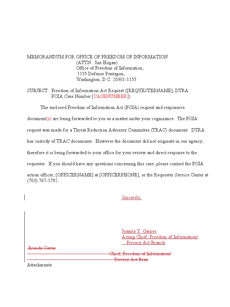 DTRA FOIA Memo Referral To DoD Trac Document 