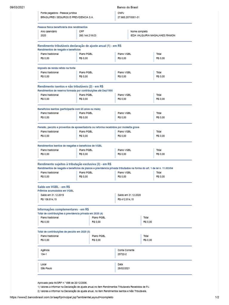 Informe de Rendimento VGBL 2020 | PDF