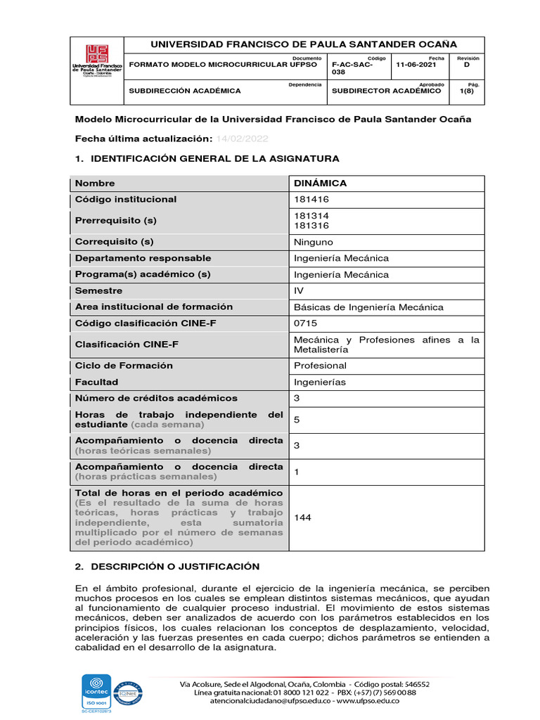 Dynamics. Micro Curriculum - Rev - D. (Juan Fernando1) | PDF