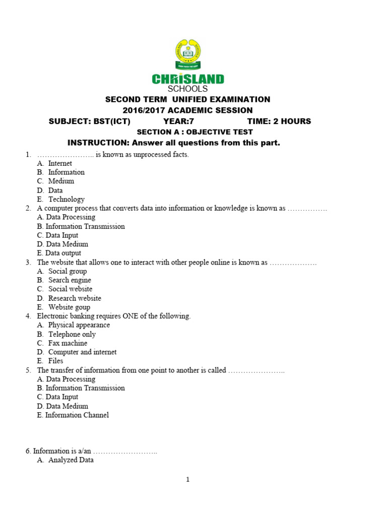 Grade 7 ICT Second Term Exam Paper | PDF | Computer Keyboard | Input/Output