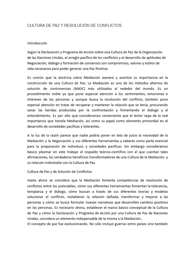 Cultura de Paz y Mediación de Conflictos | PDF | Paz | Conflicto (proceso)