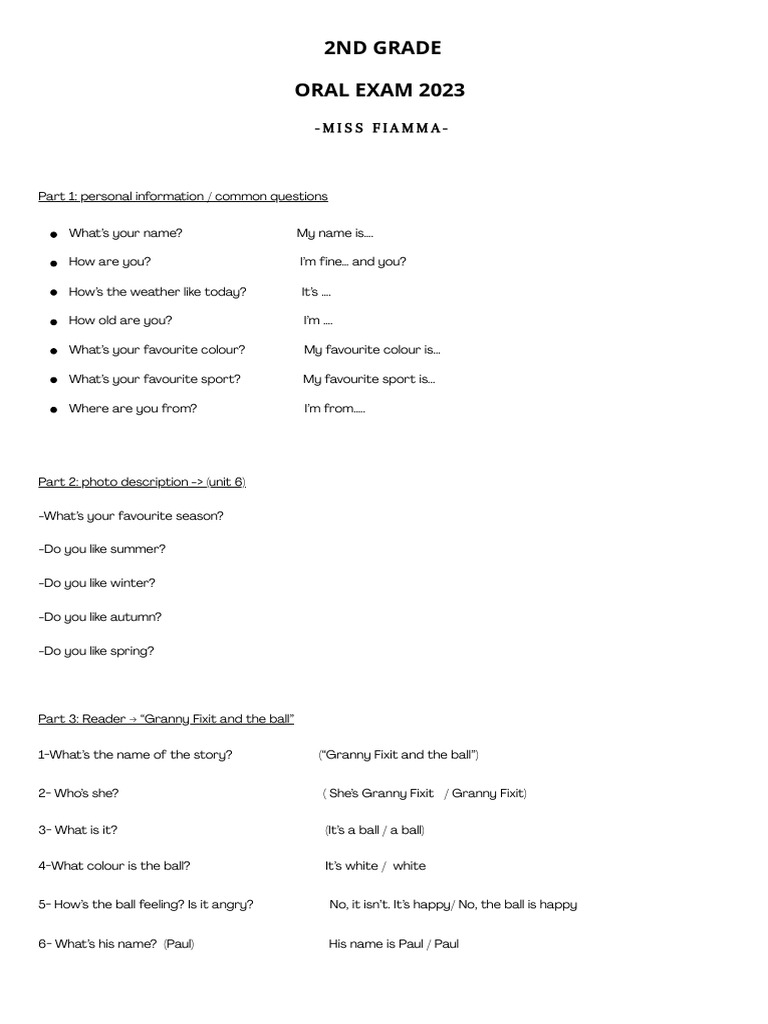 2nd Grade Oral Exam Pdf