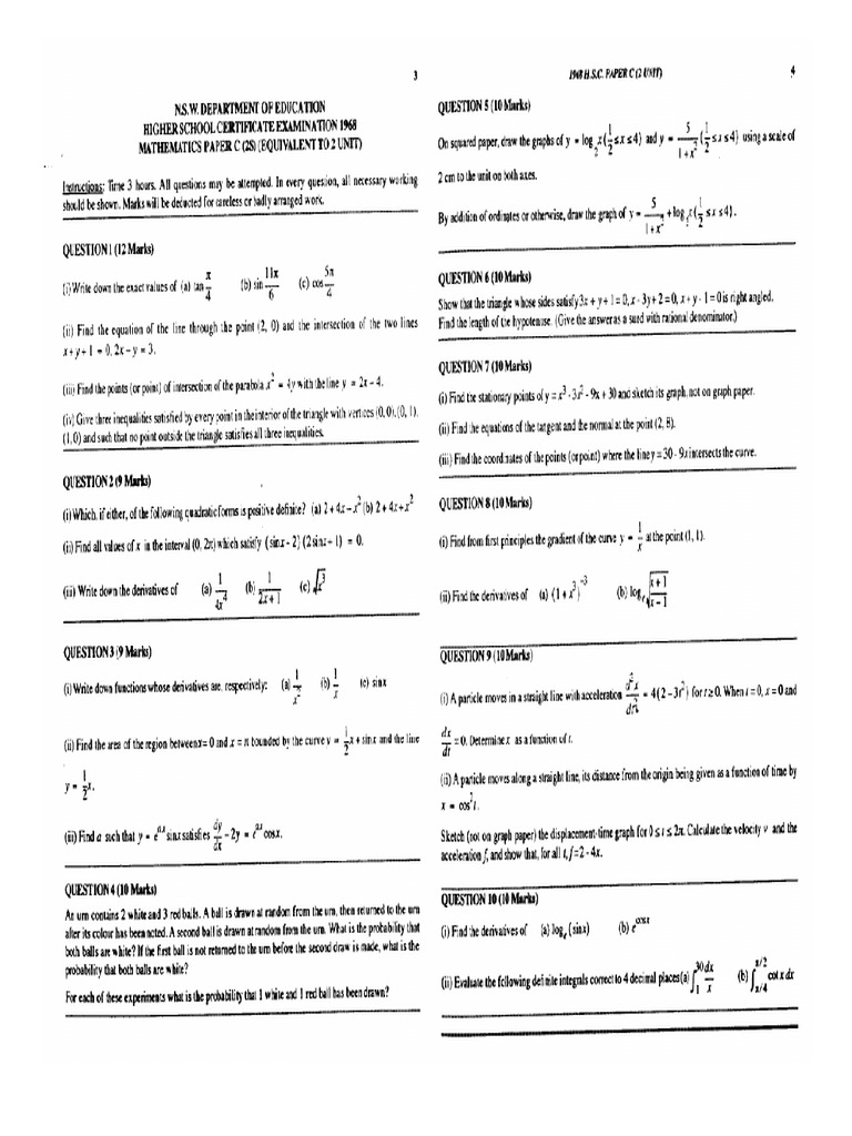 Maths 2U 1968 HSC | PDF