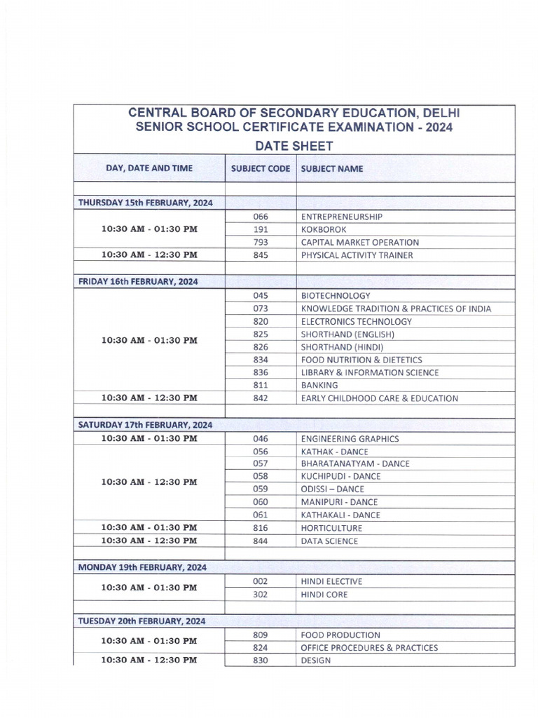 Cbse Datesheet 12 2024 1 PDF