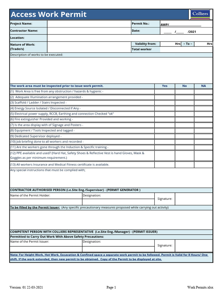 Access work permit pdf safety occupational safety and health