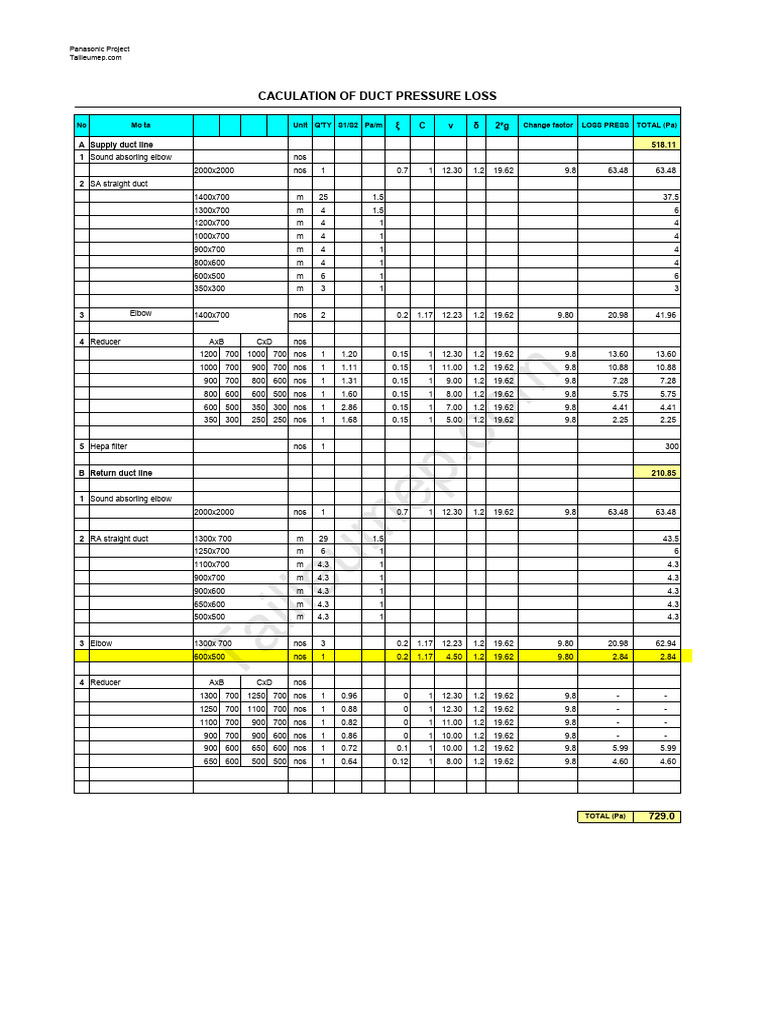 Panasonic Duct Pressure Loss Calculation | PDF | Technology & Engineering