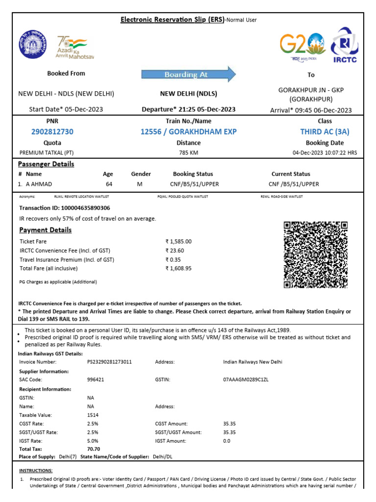 Gorakhdham Exp Third Ac (3A) | PDF