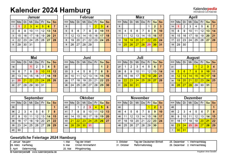Kalender 2024 Hamburg Querformat Jahresuebersicht PDF