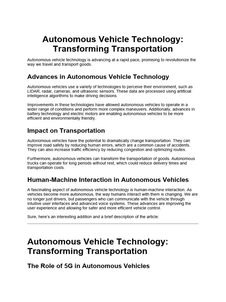 Autonomous Vehicle Technology Transforming Transportation Pdf