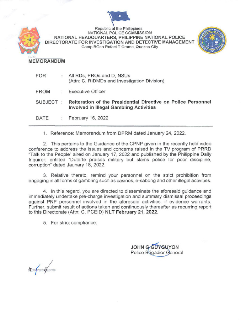 Reiteration of The Presidential Directive On Police Personnel Involved ...