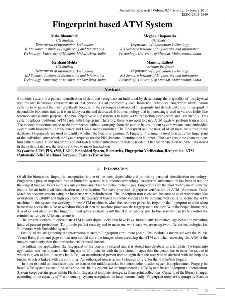 Fingerprint Authentication for ATM Security | PDF | Biometrics ...