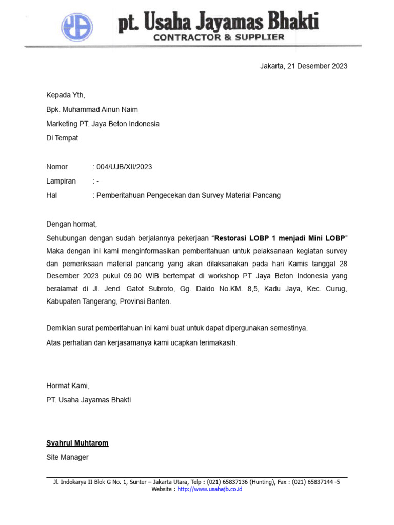 Surat Pemberitahuan Pengecekan Dan Survey Material Pancang LOBP 1 PT ...