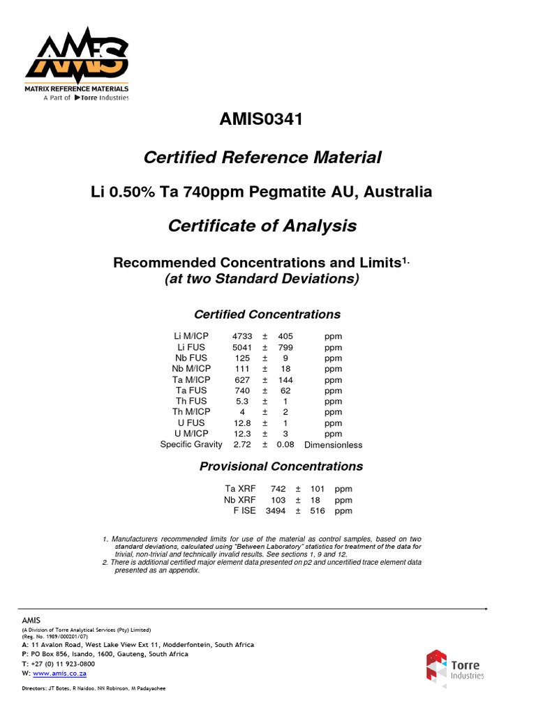 AMIS0341 Certified Reference Material | PDF | Metrology | Analysis