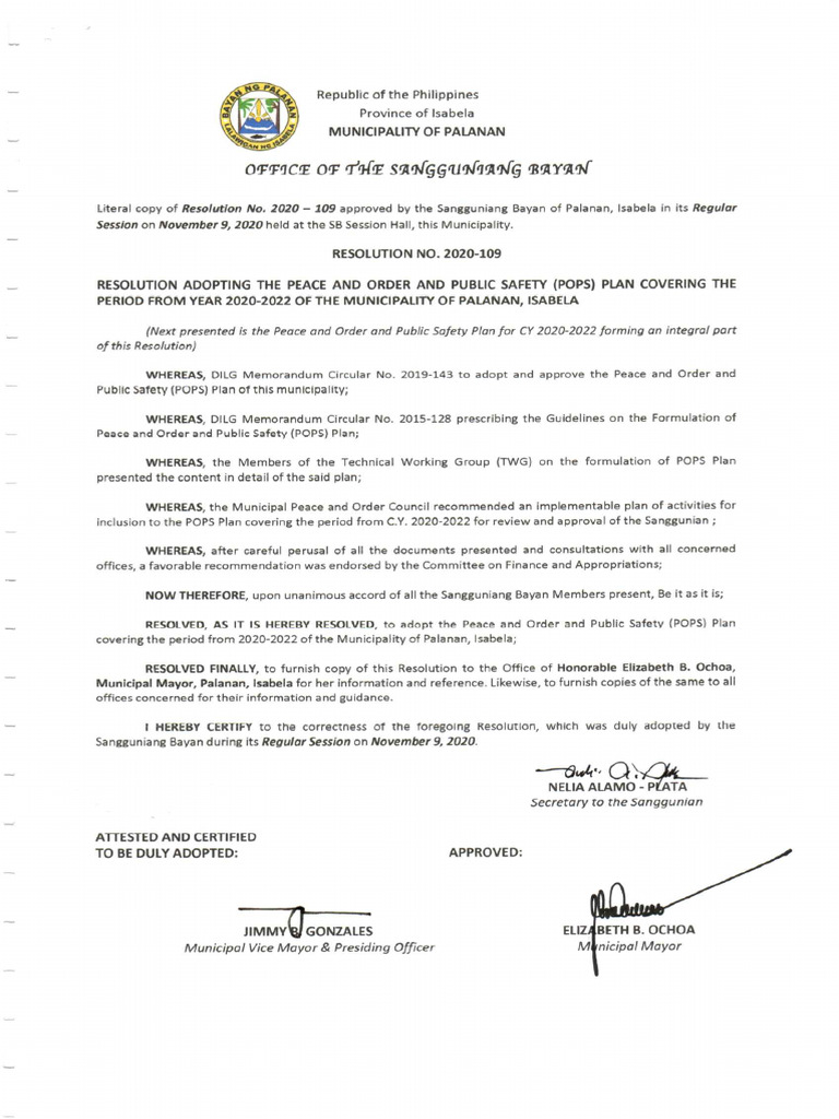 Resolution No. 2020-109 Resolution Adopting The Peace and Order and ...