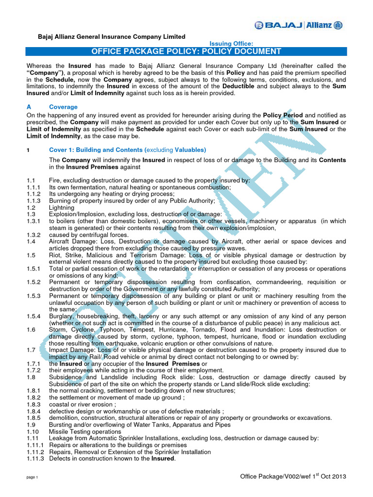 Bajaj Policy Wordings Office Package PDF Insurance Indemnity