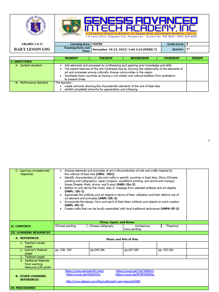 Grade 8 MAPEH: East Asian Arts DLL | PDF | Paintings | East Asia