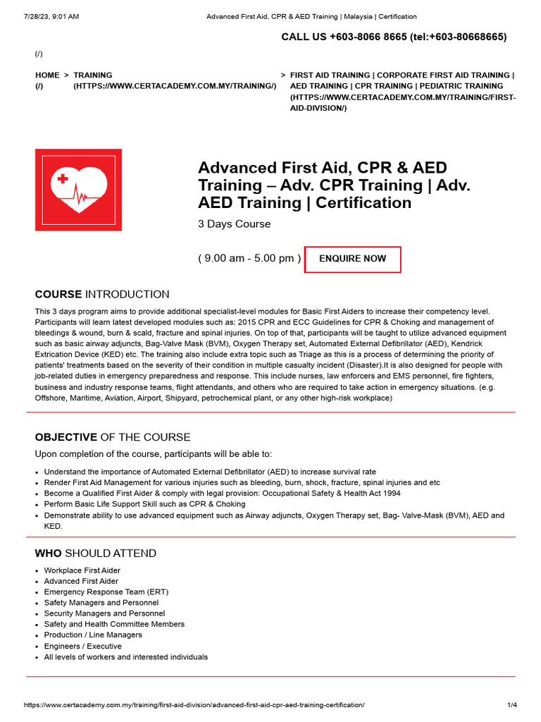 Advanced First Aid, CPR & AED Training Malaysia Certification PDF