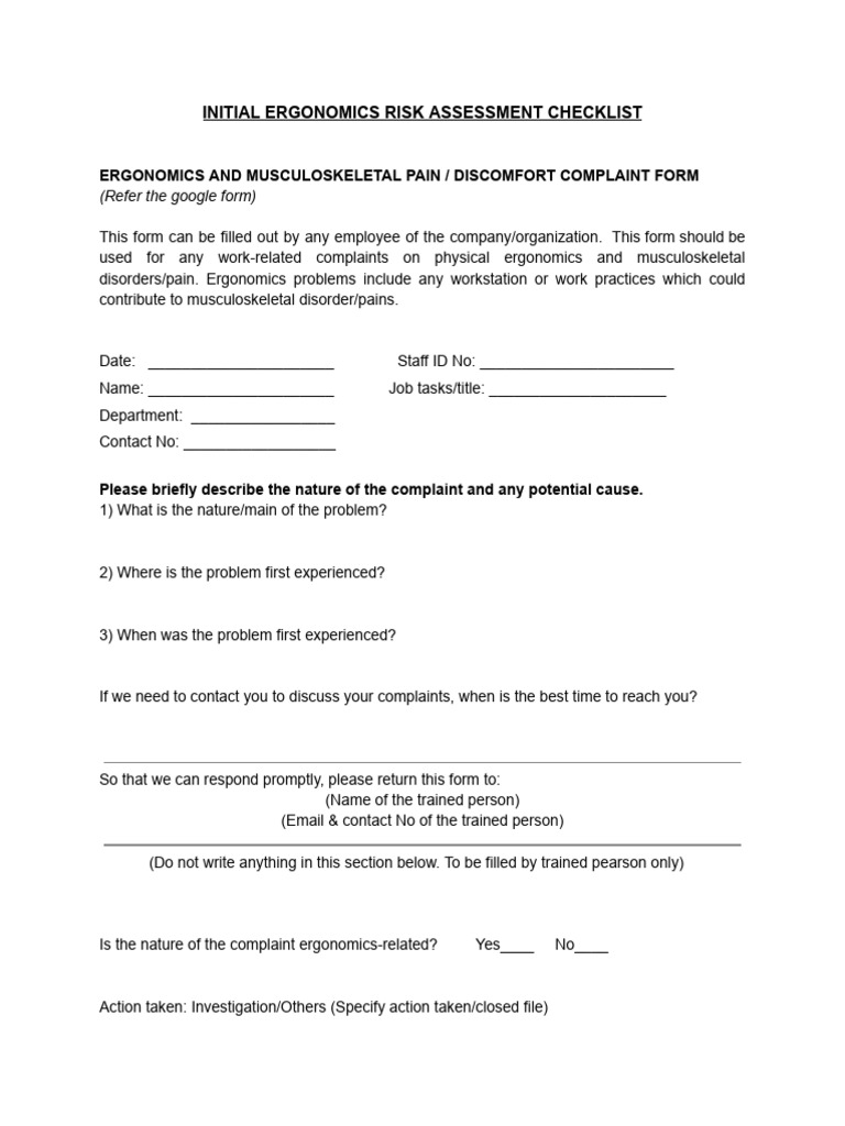 Initial Ergonomics Risk Assessment Form | PDF