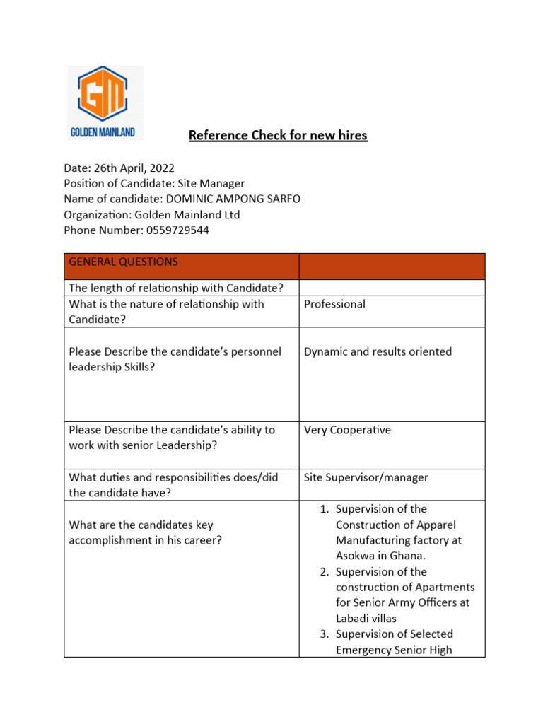 Reference Check For New Hires | PDF | Business