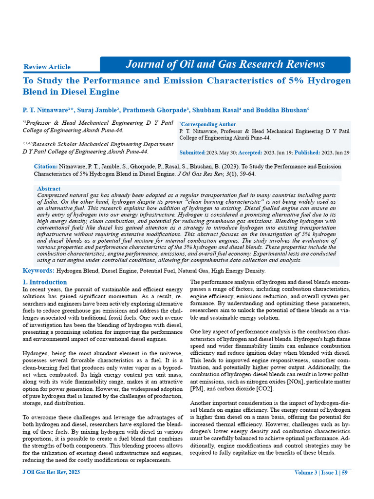 Hydrogen-Diesel Blend Performance Study | PDF | Diesel Engine | Engines