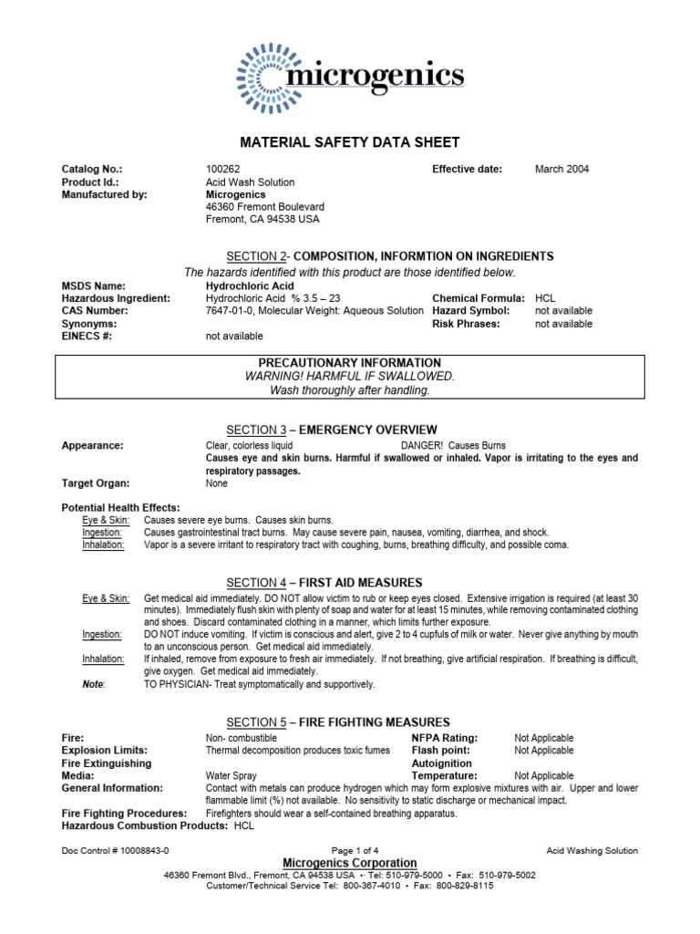 SDS Acid Washing Solution PDF Resource Conservation And Recovery Act Dangerous Goods