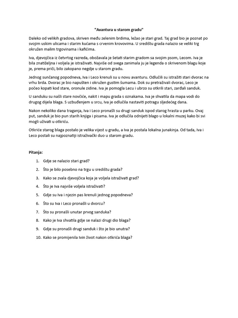 Čitanje S Razumijevanjem - 4. Razred - Avantura U Starom Gradu | PDF