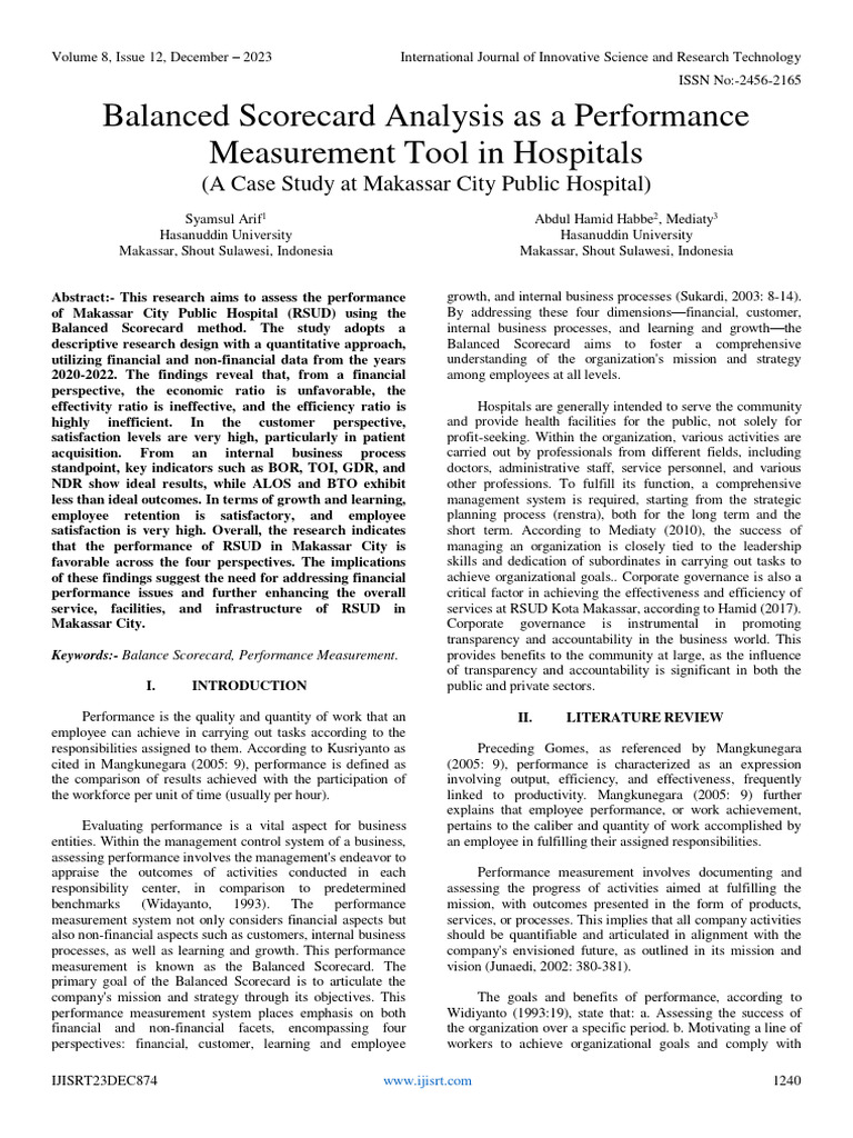 Balanced scorecard analysis as a performance measurement tool in