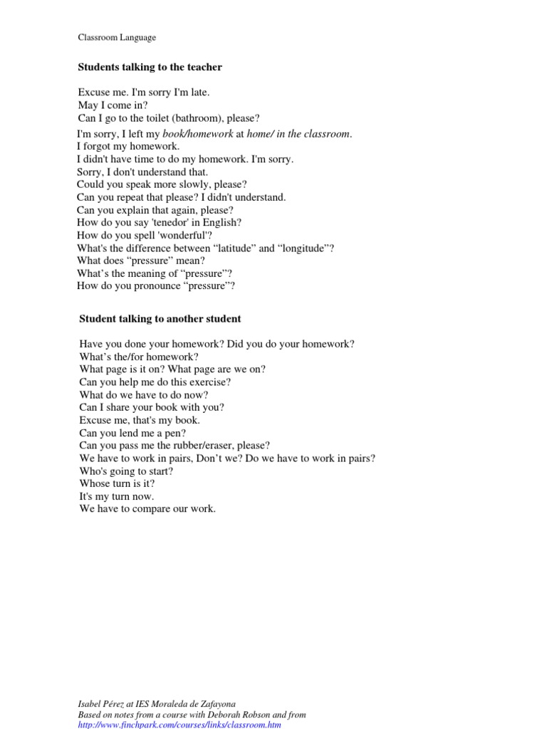 Students Classroom Language | PDF