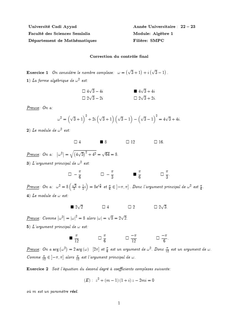Correction Exercices Algèbre 1 SMPC | PDF | Nombre complexe | Mathématiques