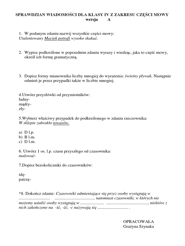 Czasownik Sprawdzian Klasa 4 Nowa Era Sprawdzian KL IV Czasownik | PDF