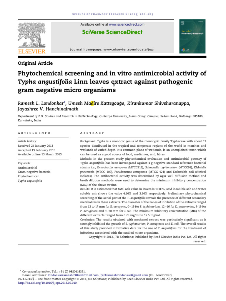 Phytochemical Screening and in Vitro Antimicrobial Activity of Typha ...