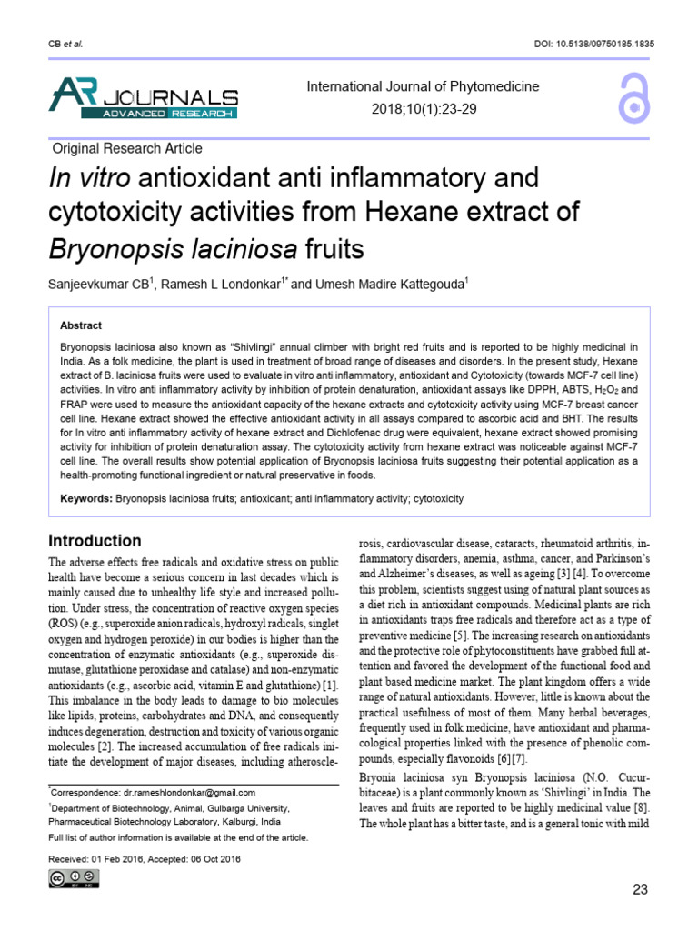 In Vitro Antioxidant Anti Inflammatory and Cytotoxicity Activities From