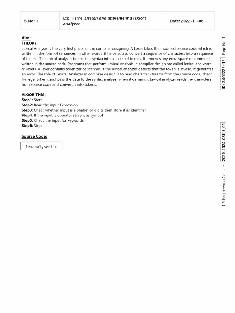 2.00222E+12 Compiler Design Lab Record 2023 12 20 | PDF