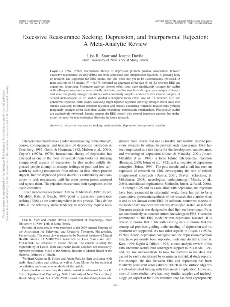 Excessive Reassurance Seeking, Depression, and Interpersonal Rejection ...