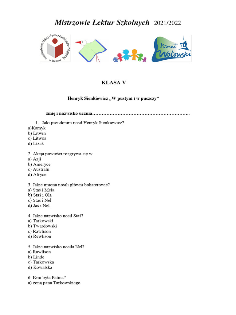 Quiz W Pustyni Iw Puszczy TEST W Pustyni I W Puszczy | PDF