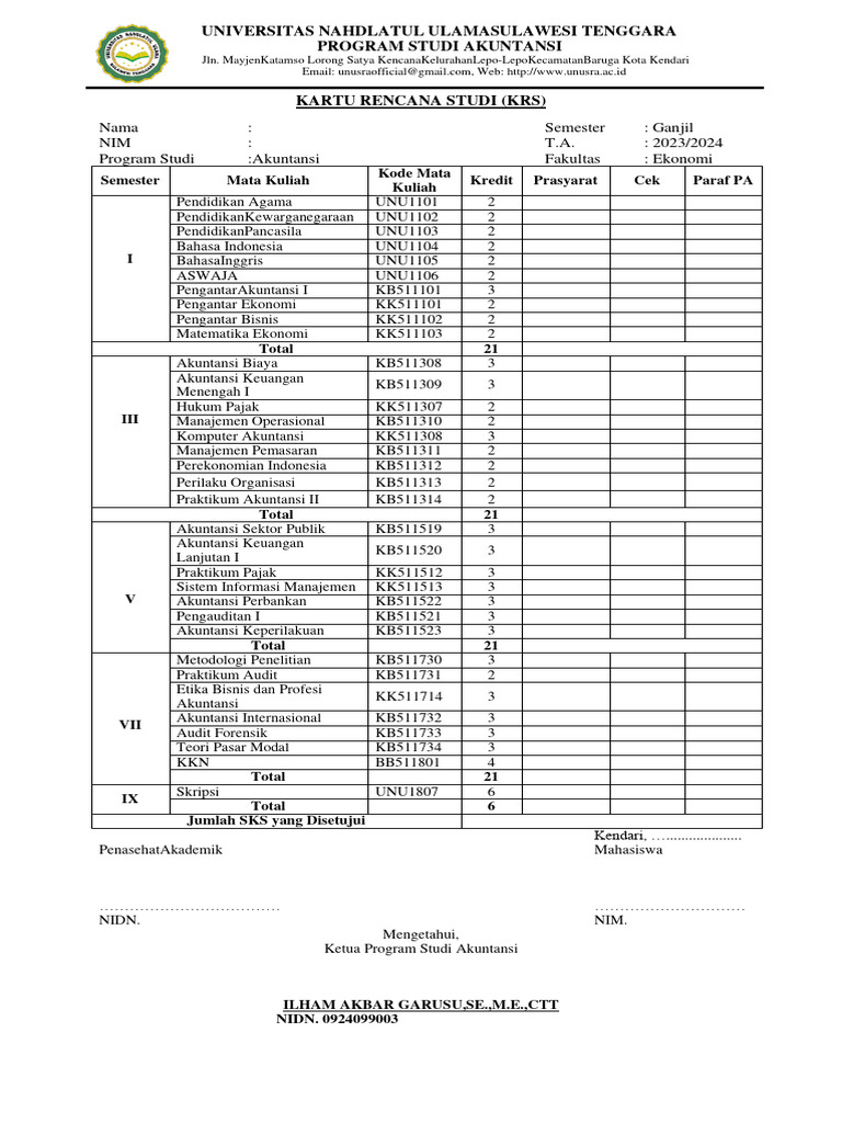 Format KRS S1 Akuntansi UNU Sultra | PDF