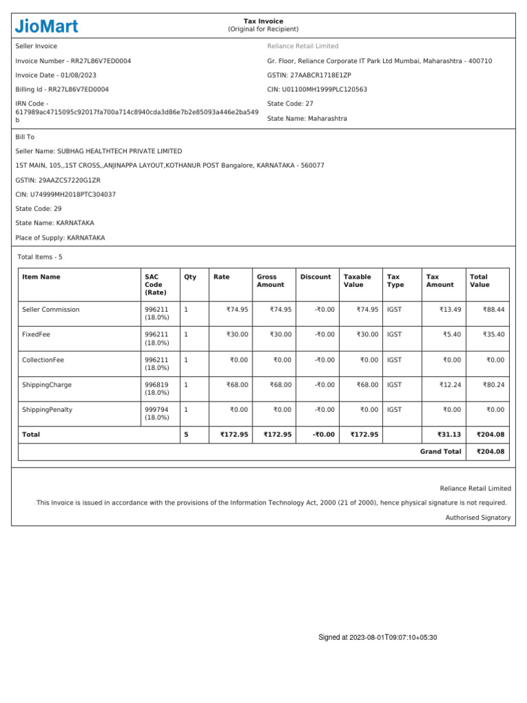 Reliance Retail Seller Invoice RR27L86V7ED0004 | PDF