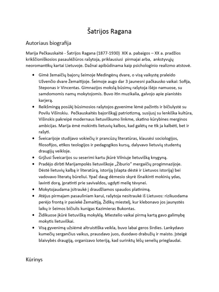 Šatrijos Ragana Konspektas | PDF