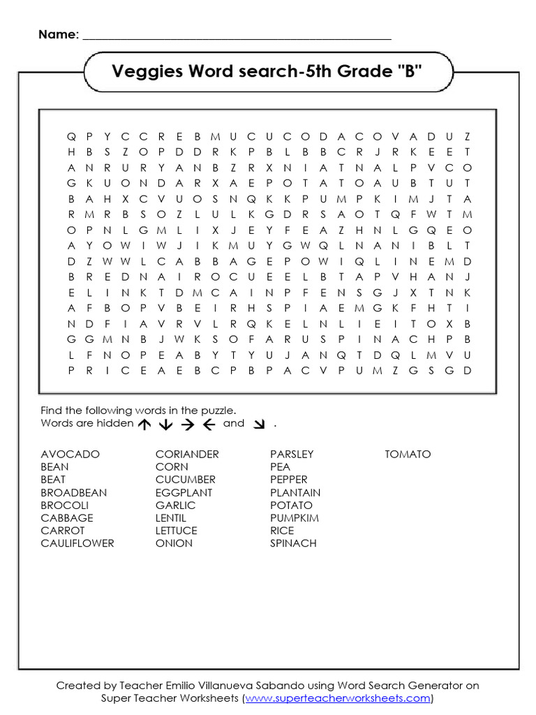 Veggies word search 5th grade b pdf