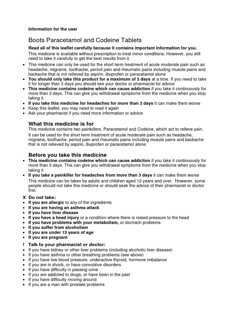 Boots Paracetamol and Codeine PDF Headache Analgesic