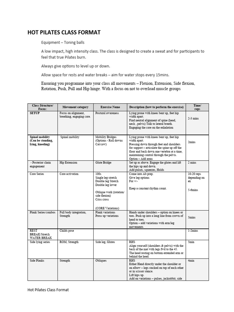 Hot Pilates Class Structure Guide | PDF | Anatomical Terms Of Motion ...