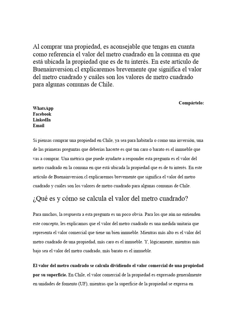 Valor del Metro Cuadrado en Chile 2023 | PDF | Bienes raíces | Precios