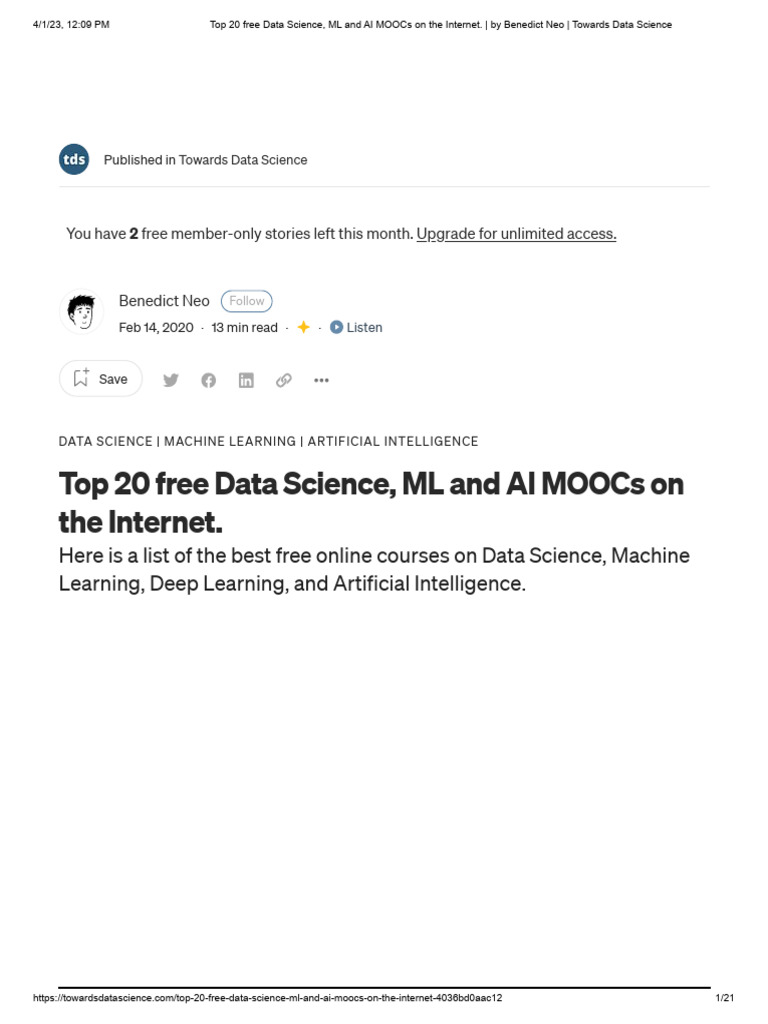 Top 20 free data science ml and ai moocs on the internet by